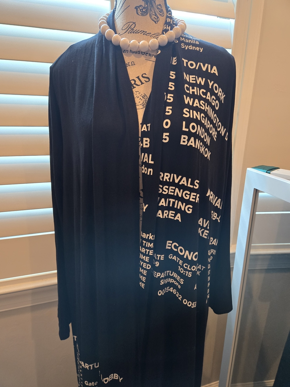 Trendy B/W Open-Front Travel Print Long Cardigan Fr Naples Fl Market 100% Rayon